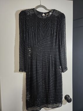 Vintage Niteline Black Beaded Silk Long-Sleeve Dress